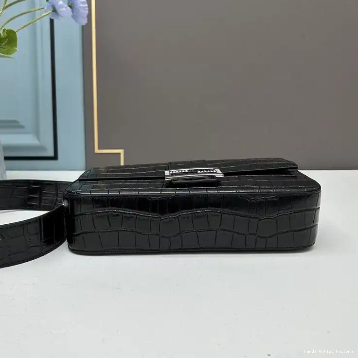 Cheap HOT Leather Crocodile Fendi Re-Edition Bag Black In Baguette Medium 0704
